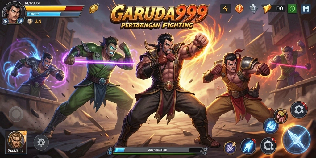 Screenshot menunjukkan serangan dan gerakan karakter dalam game Fighting.