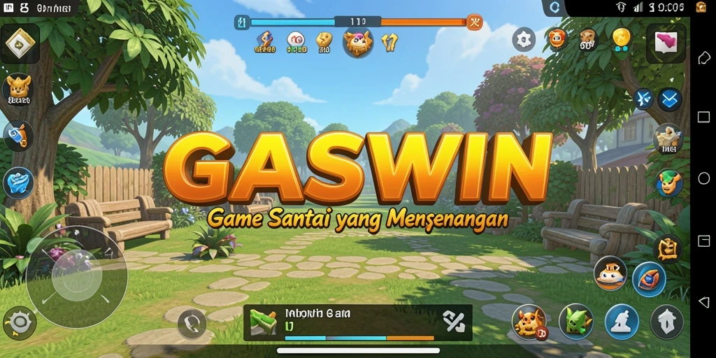 Screenshot menunjukkan gameplay GASWIN yang penuh warna dan interaktif.