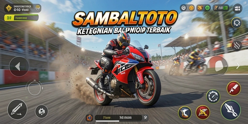 Tampilan gameplay thrilling dari SAMBALTOTO dengan motor balap yang sedang melaju kencang.
